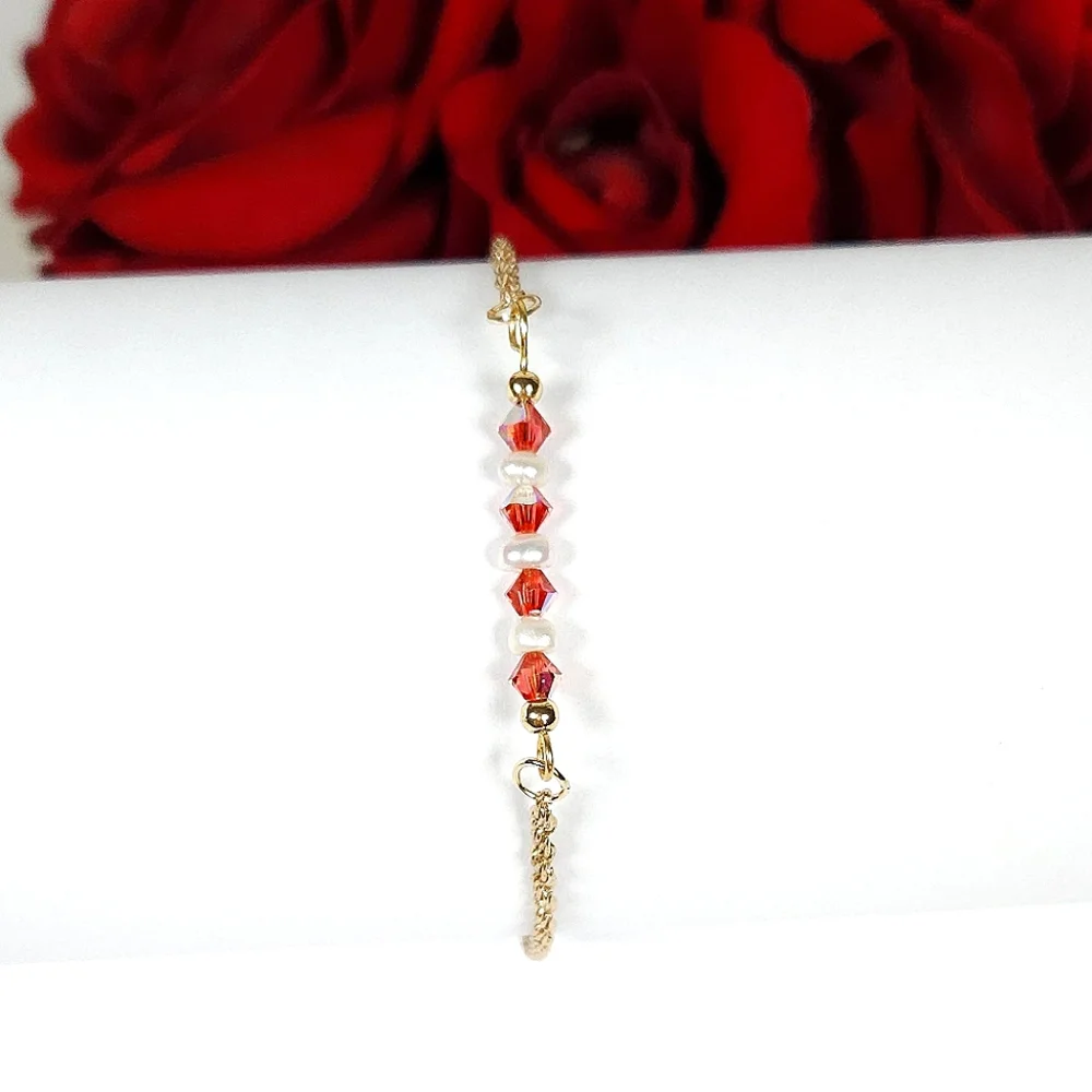 Handmade White Pearl & Pink Peach AB Crystal Bar Gold Bracelet Rope Twist Chain